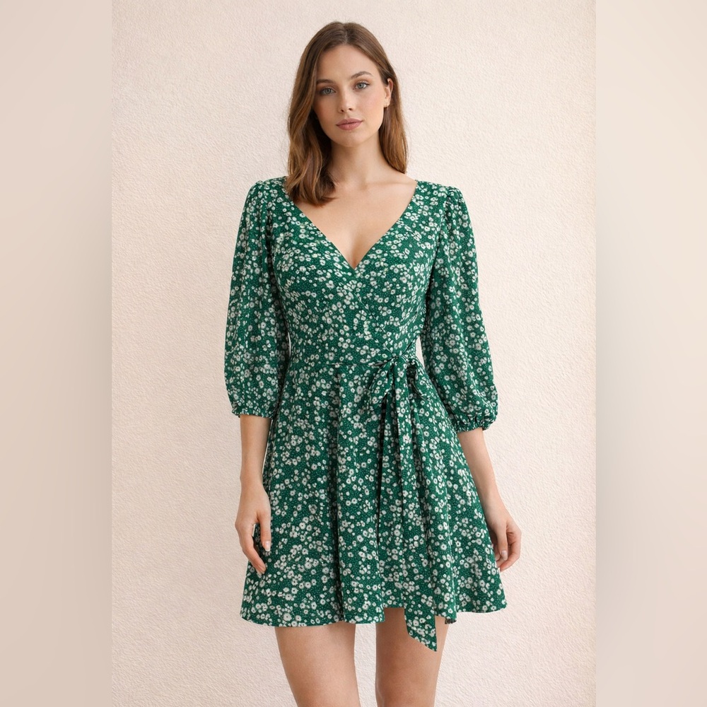 SHEIN Green Floral Long Sleeve Dress